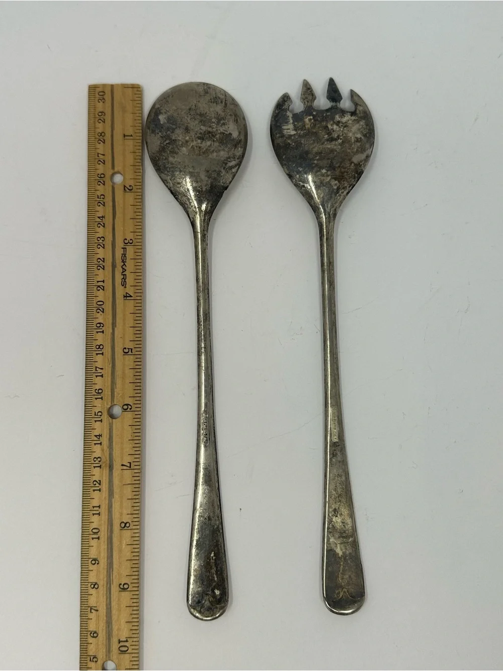 Vintage Italian Silver Plated Salad Fork & Spoon Serving Set 9.5” w/ Patina A1
